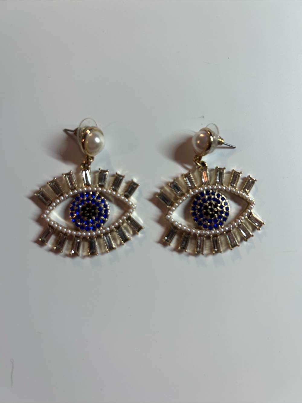 Francesca's Collections Blue and Gold Evil Eye Pearl Drop Earrings